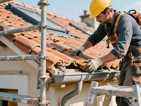 Couvreur posant des tuiles sur une toiture en France