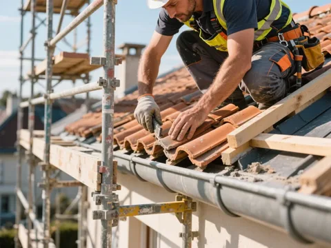 Couvreur posant des tuiles sur une toiture en France