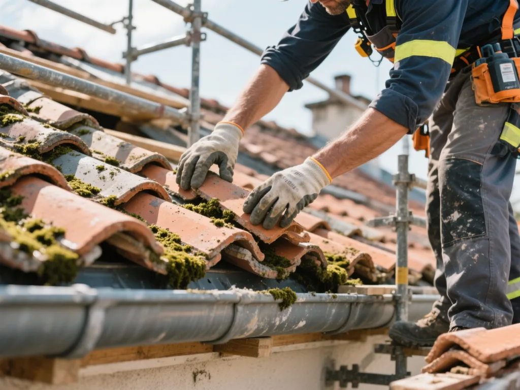 Couvreur posant des tuiles sur une toiture en France