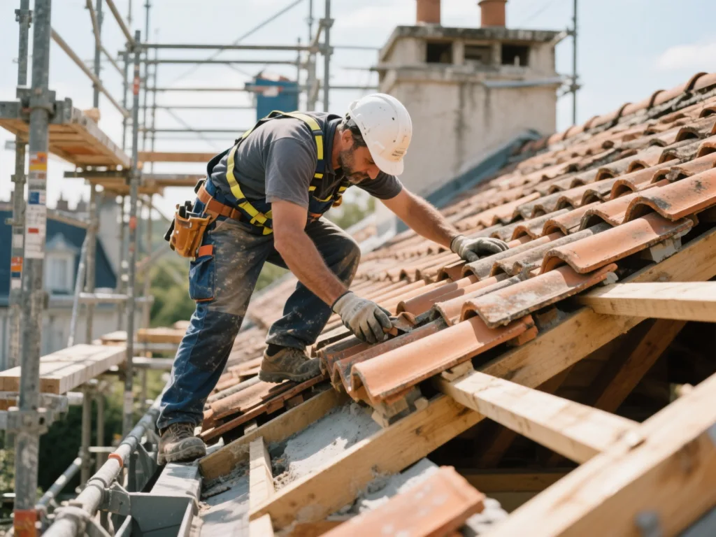 Couvreur posant des tuiles sur une toiture en France