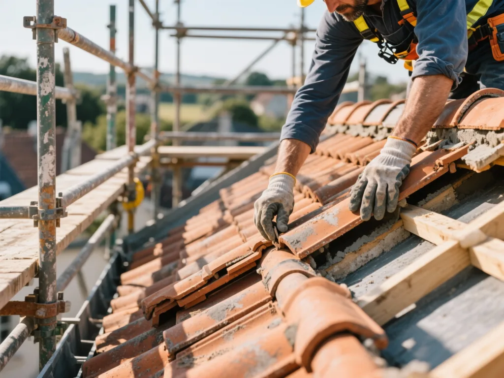 Couvreur posant des tuiles sur une toiture en France