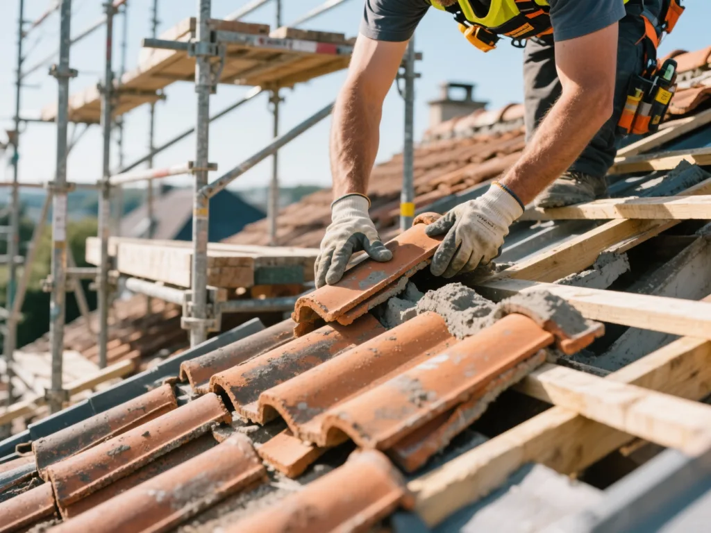 Couvreur posant des tuiles sur une toiture en France