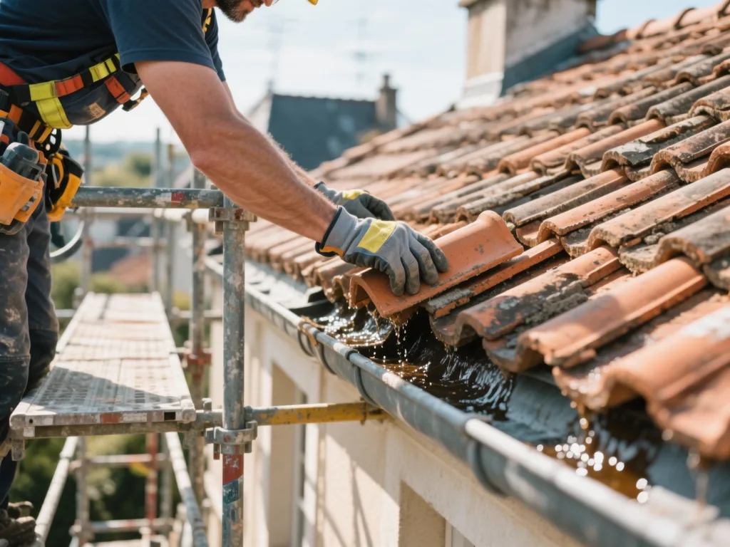 Couvreur posant des tuiles sur une toiture en France
