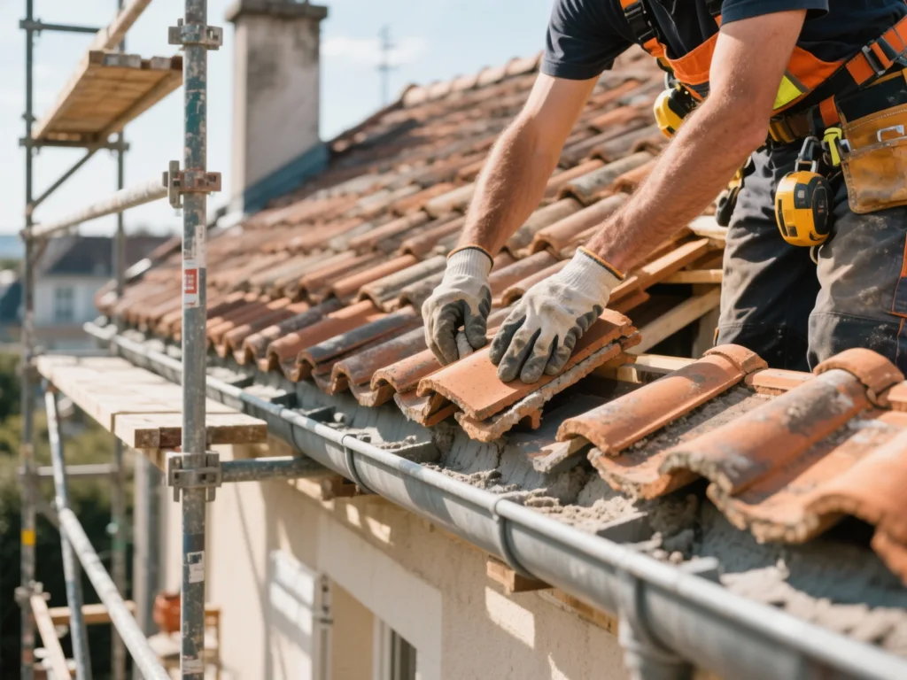 Couvreur posant des tuiles sur une toiture en France