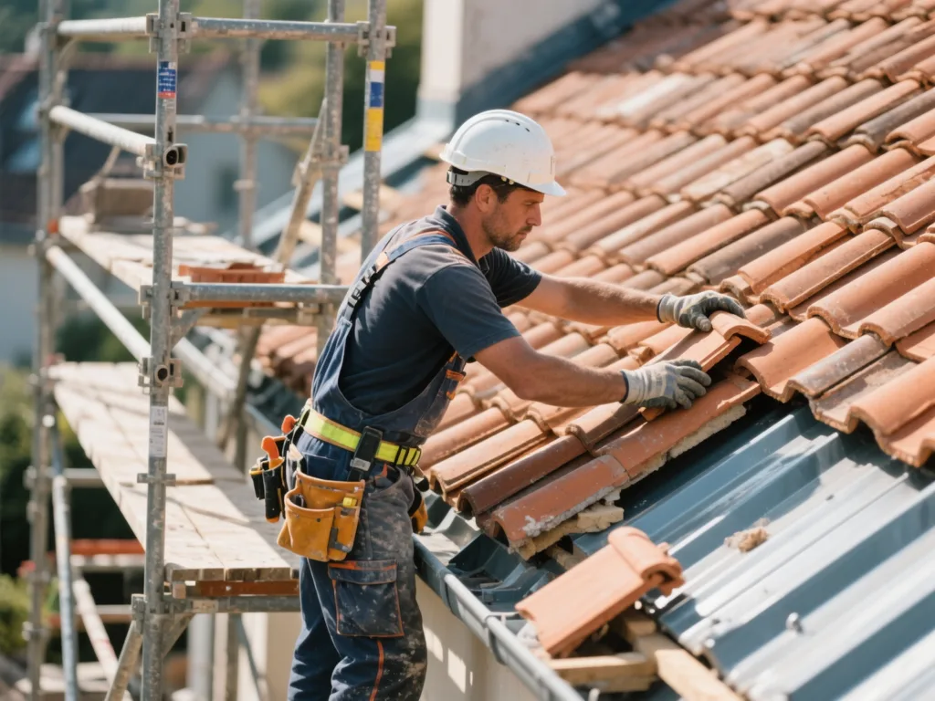 Couvreur posant des tuiles sur une toiture en France
