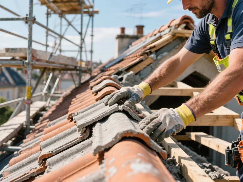 Couvreur posant des tuiles sur une toiture en France