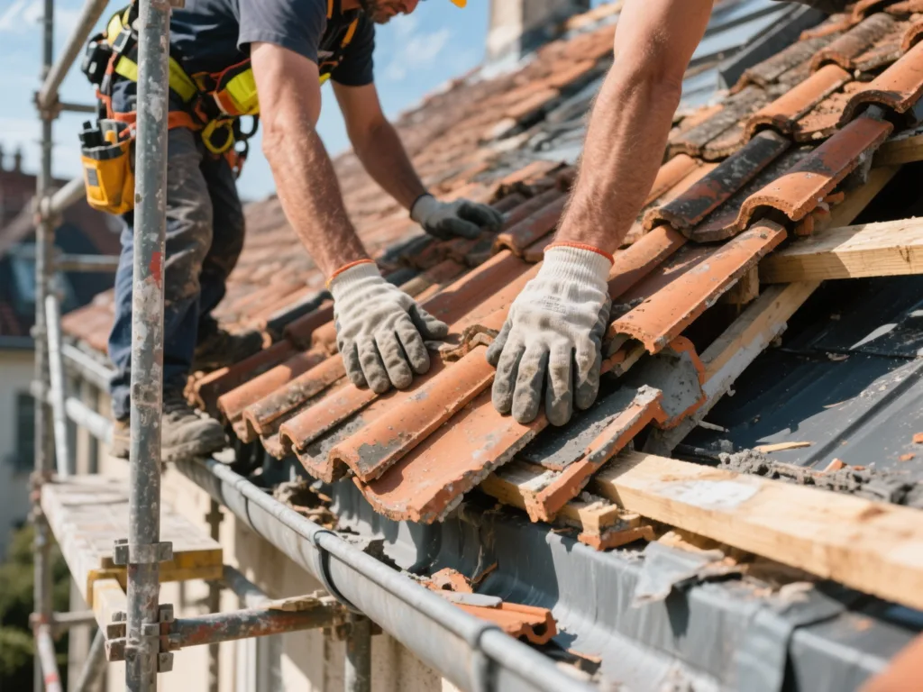 Couvreur posant des tuiles sur une toiture en France