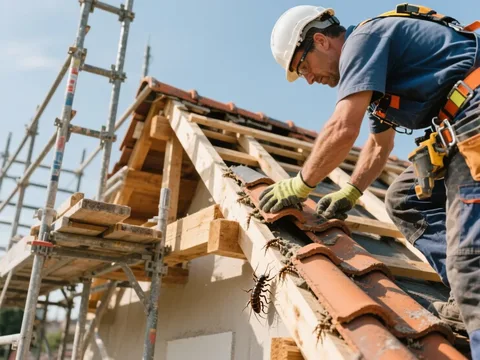Couvreur posant des tuiles sur une toiture en France