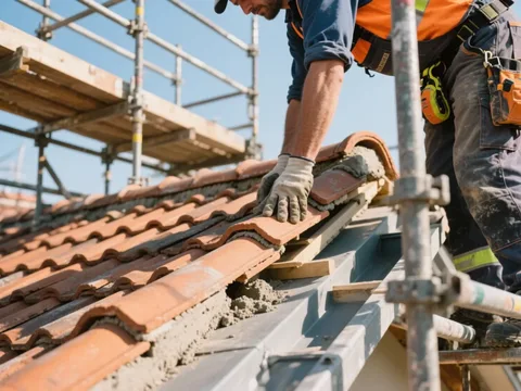 Couvreur posant des tuiles sur une toiture en France