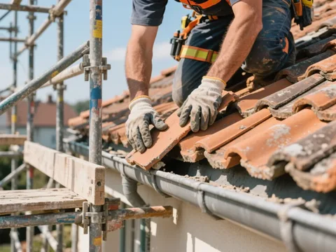 Couvreur posant des tuiles sur une toiture en France