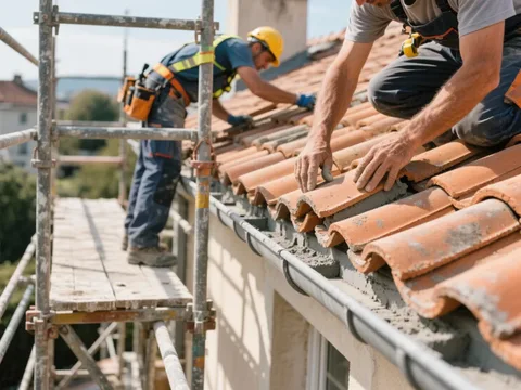 Couvreur posant des tuiles sur une toiture en France