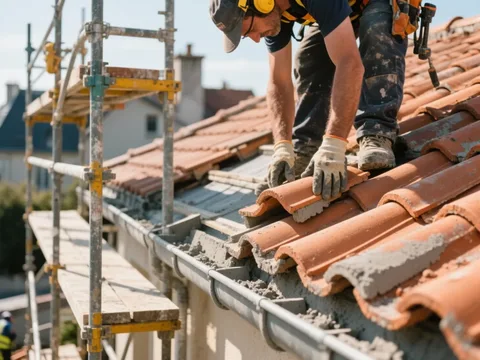 Couvreur posant des tuiles sur une toiture en France
