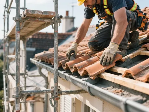 Couvreur posant des tuiles sur une toiture en France