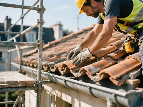 Couvreur posant des tuiles sur une toiture en France