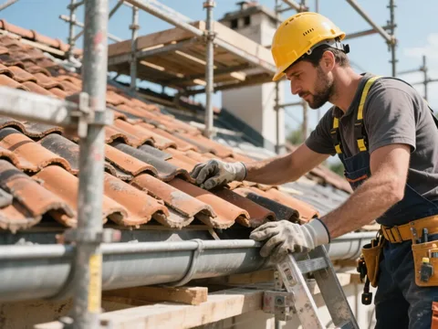 Couvreur posant des tuiles sur une toiture en France