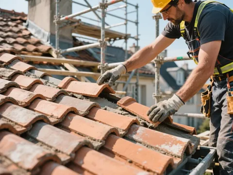 Couvreur posant des tuiles sur une toiture en France