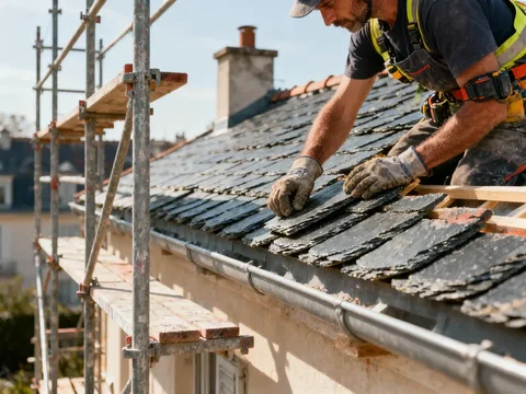 Couvreur posant des tuiles sur une toiture en France