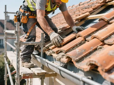 Couvreur posant des tuiles sur une toiture en France