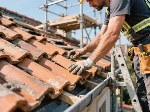 Couvreur posant des tuiles sur une toiture en France