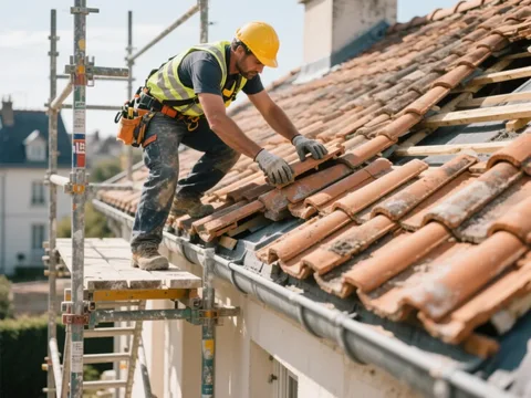 Couvreur posant des tuiles sur une toiture en France