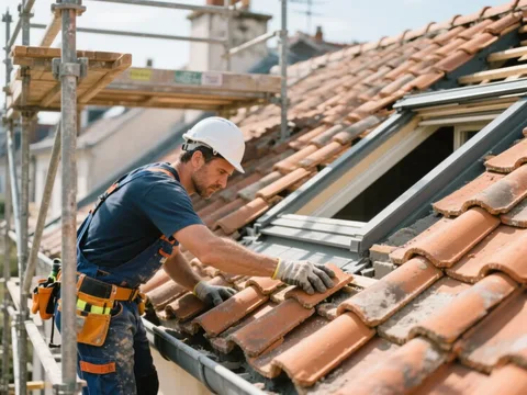 Couvreur posant des tuiles sur une toiture en France