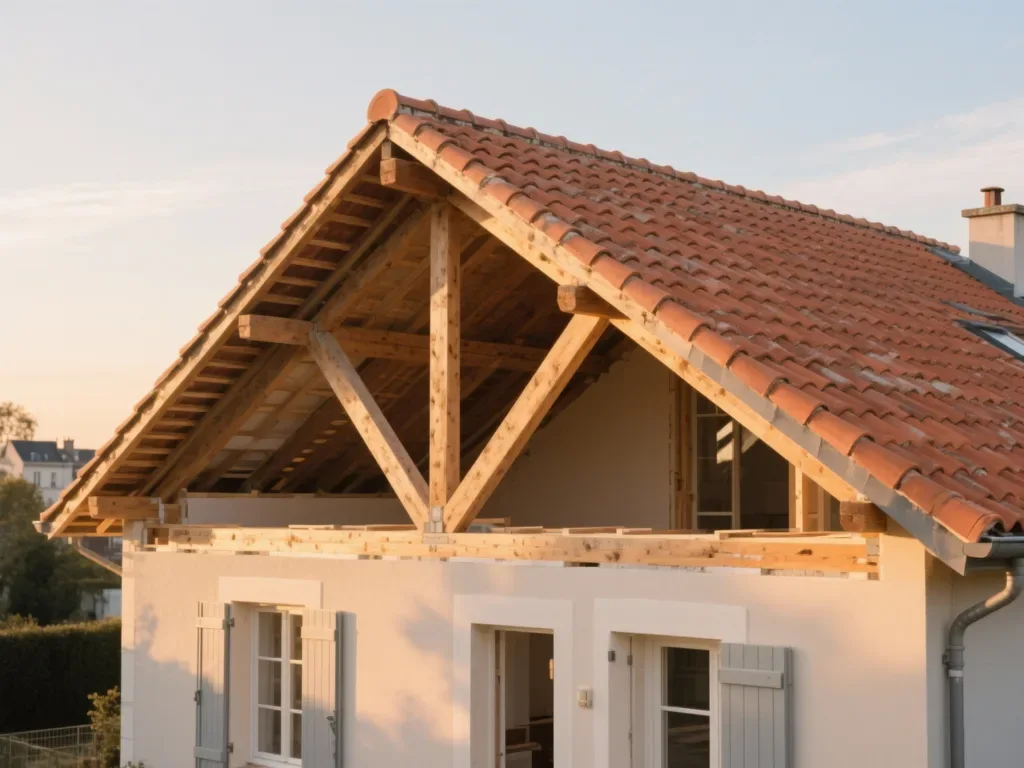 Maison avec toiture rénovée en France, tuile terre cuite sous lumière douce