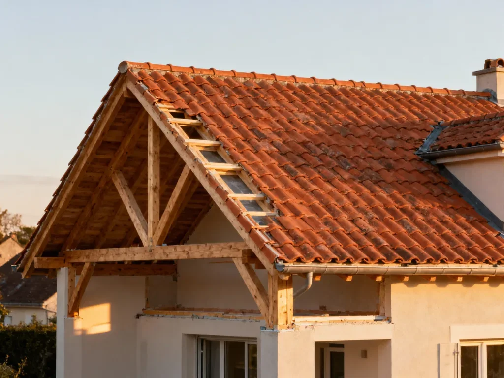 Maison avec toiture rénovée en France, tuile terre cuite sous lumière douce