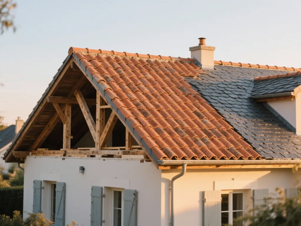 Maison avec toiture rénovée en France, tuile terre cuite sous lumière douce