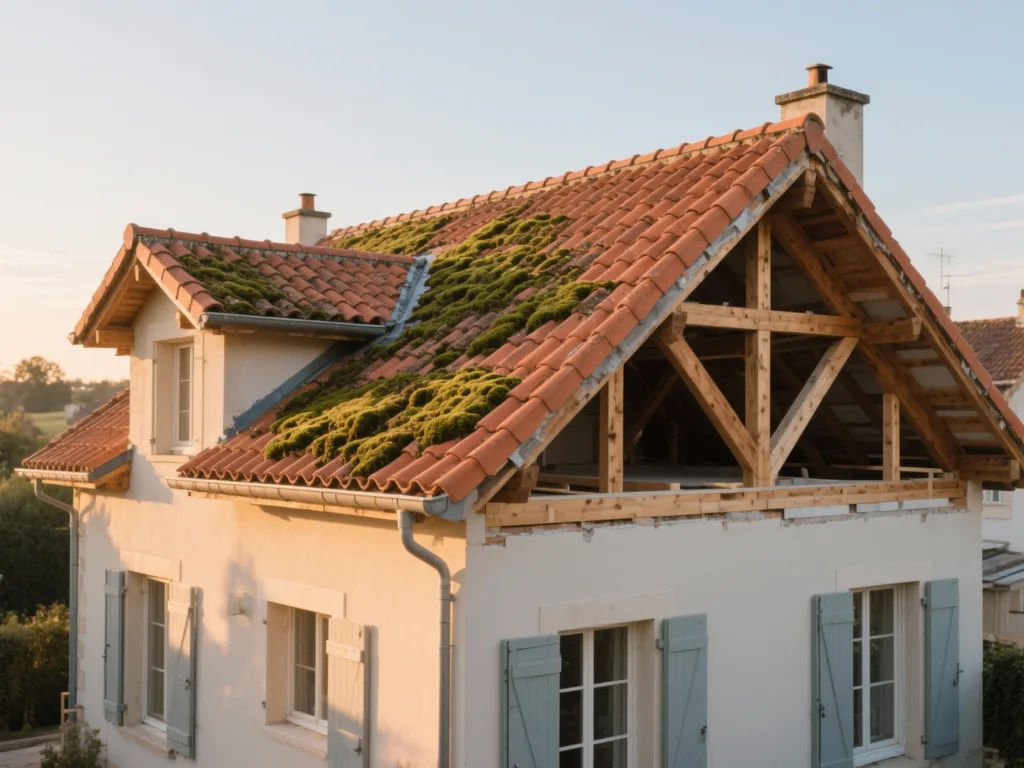Maison avec toiture rénovée en France, tuile terre cuite sous lumière douce