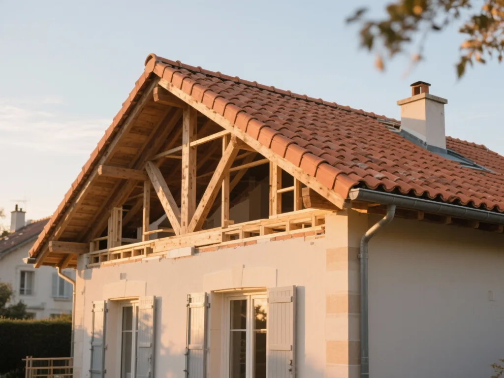 Maison avec toiture rénovée en France, tuile terre cuite sous lumière douce