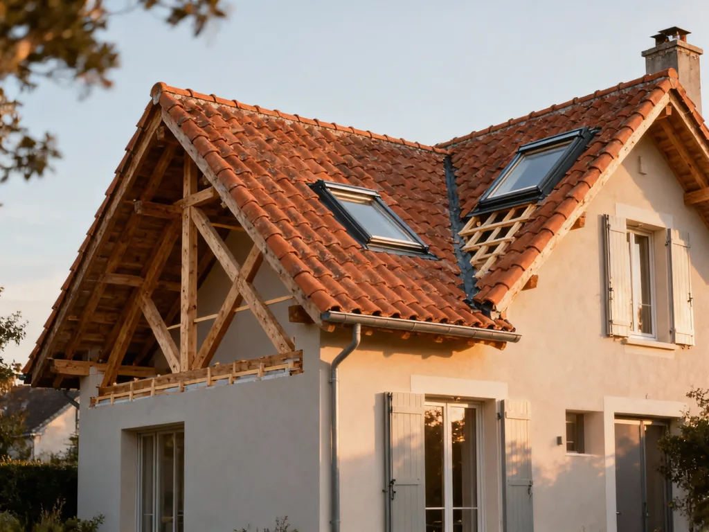 Maison avec toiture rénovée en France, tuile terre cuite sous lumière douce