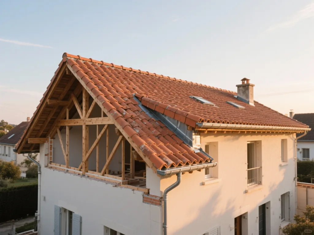 Maison avec toiture rénovée en France, tuile terre cuite sous lumière douce