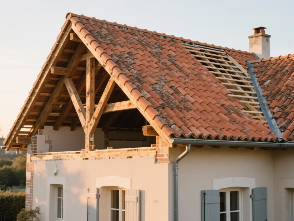 Maison avec toiture rénovée en France, tuile terre cuite sous lumière douce