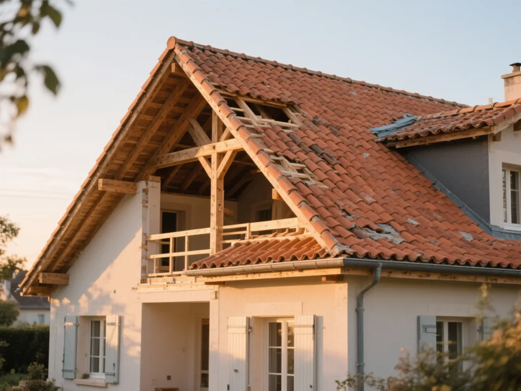 Maison avec toiture rénovée en France, tuile terre cuite sous lumière douce