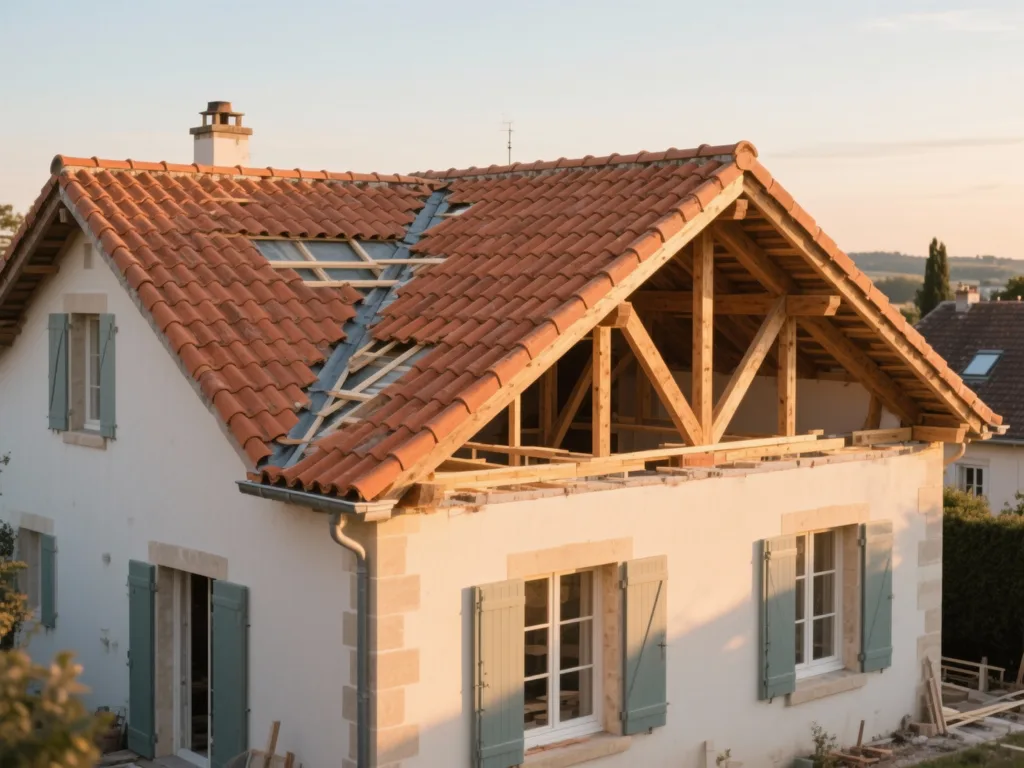 Maison avec toiture rénovée en France, tuile terre cuite sous lumière douce