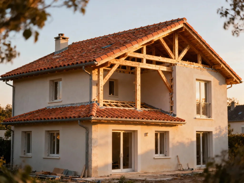 Maison avec toiture rénovée en France, tuile terre cuite sous lumière douce