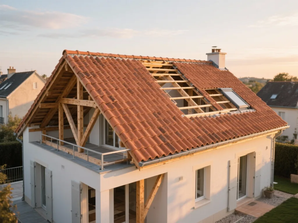 Maison avec toiture rénovée en France, tuile terre cuite sous lumière douce