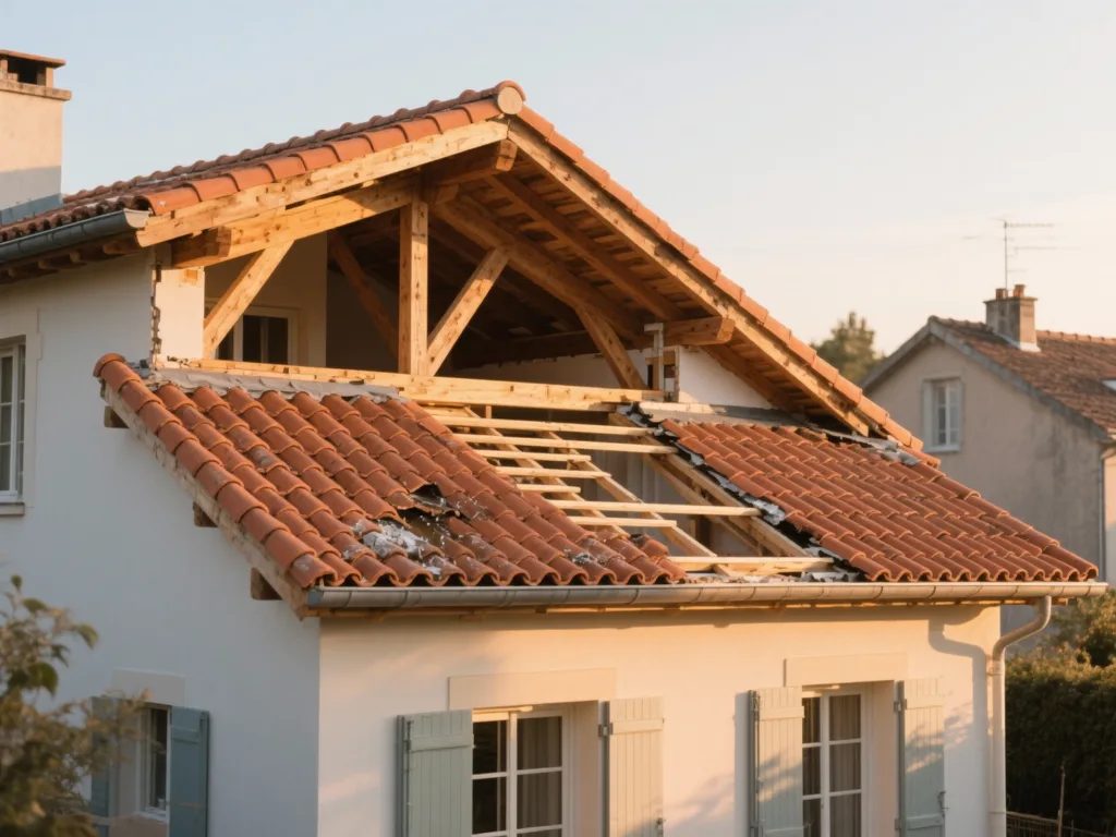 Maison avec toiture rénovée en France, tuile terre cuite sous lumière douce