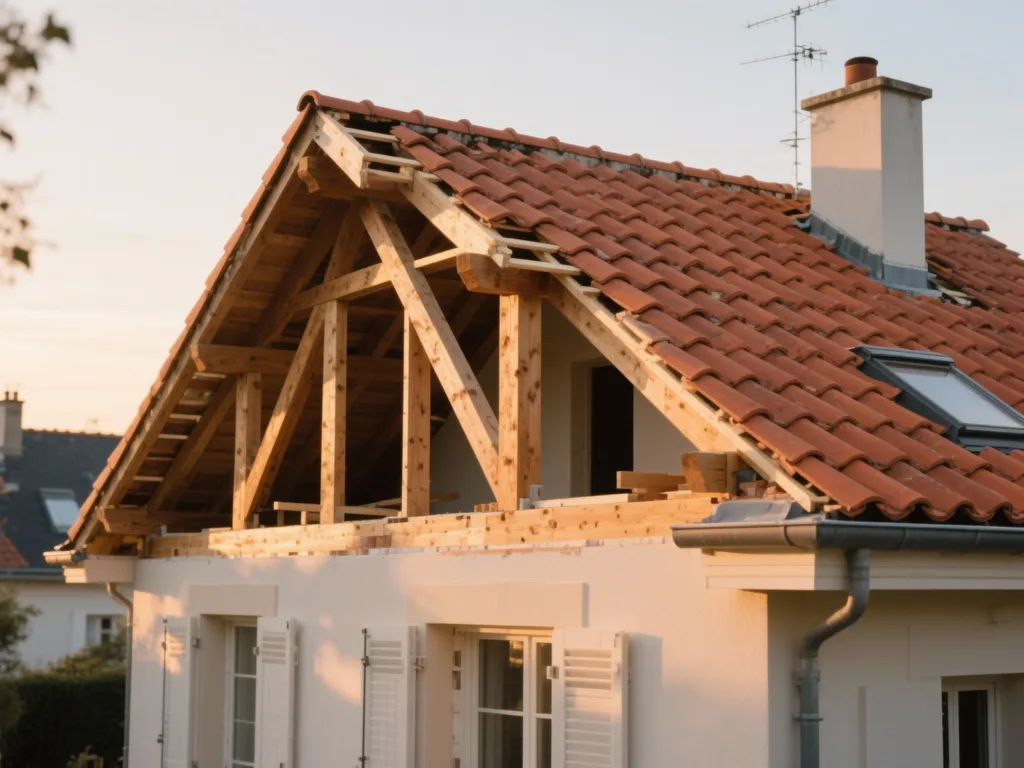 Maison avec toiture rénovée en France, tuile terre cuite sous lumière douce