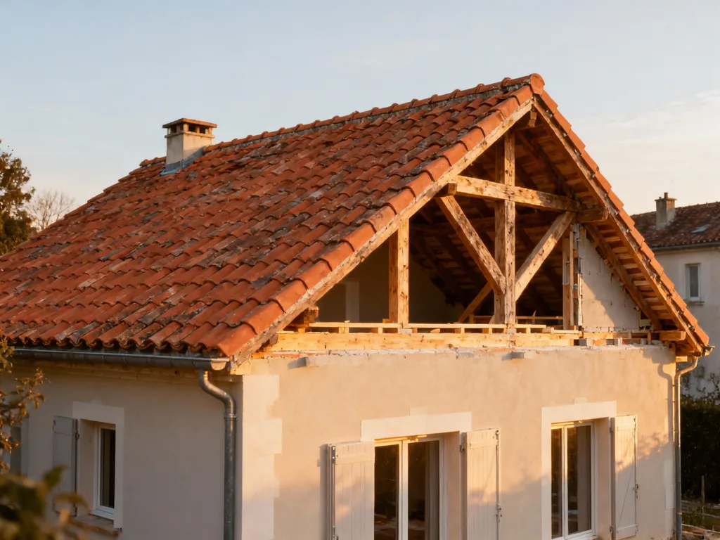 Maison avec toiture rénovée en France, tuile terre cuite sous lumière douce