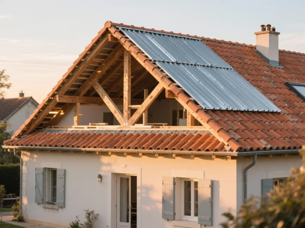 Maison avec toiture rénovée en France, tuile terre cuite sous lumière douce