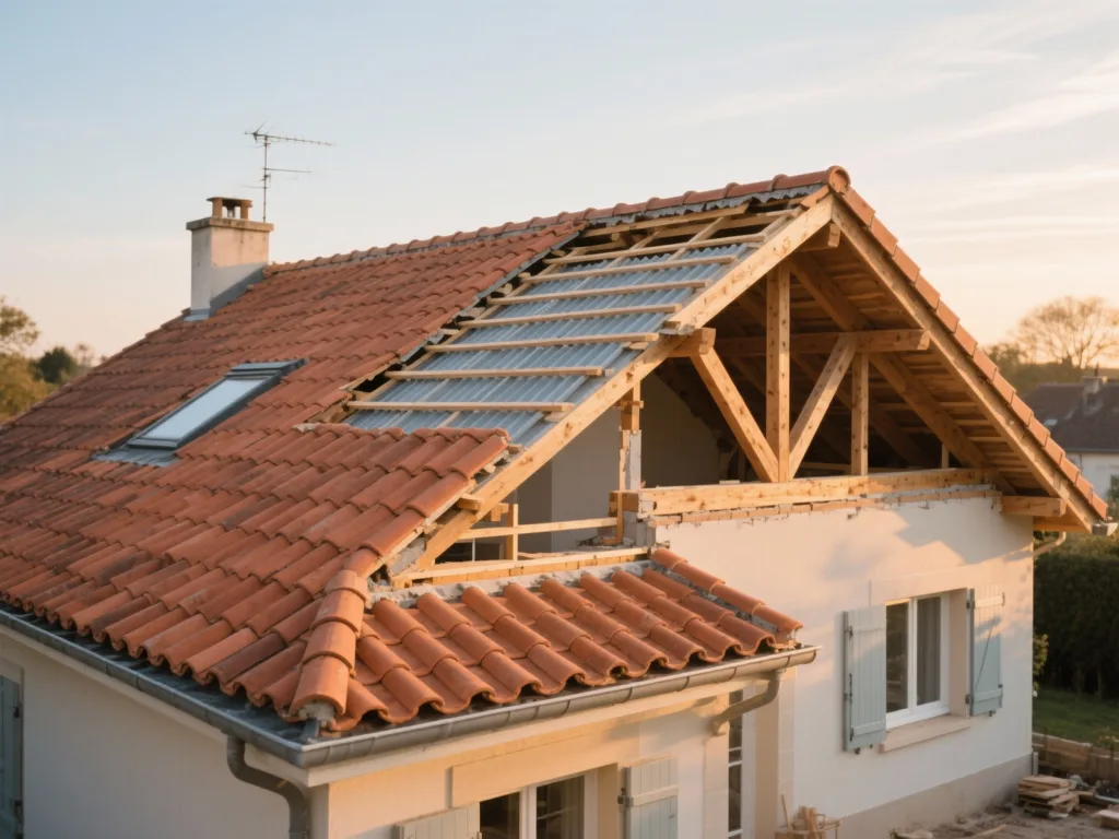 Maison avec toiture rénovée en France, tuile terre cuite sous lumière douce