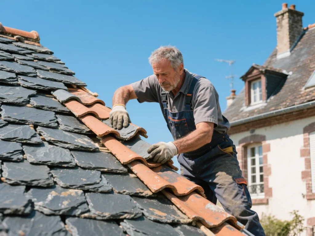 Couvreur professionnel posant des ardoise sous une lumière naturelle de midi