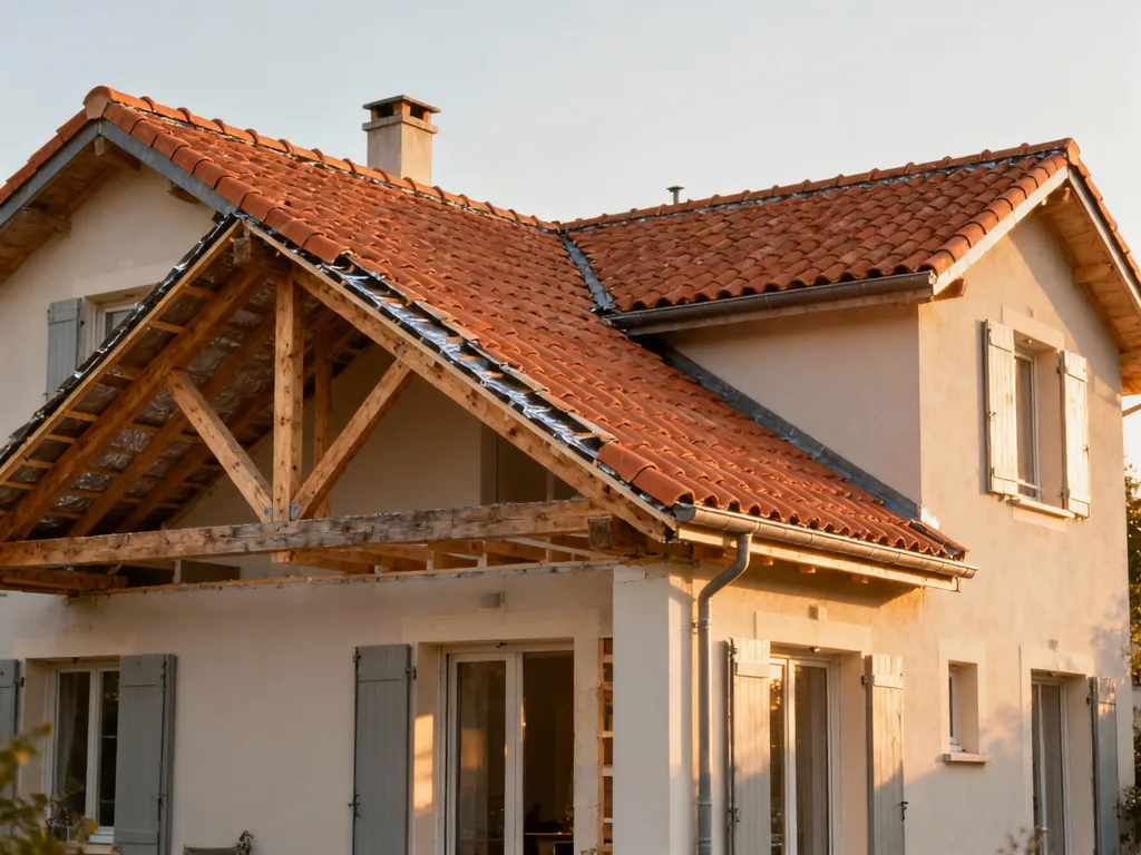 Maison avec toiture rénovée en France, tuile terre cuite sous lumière douce