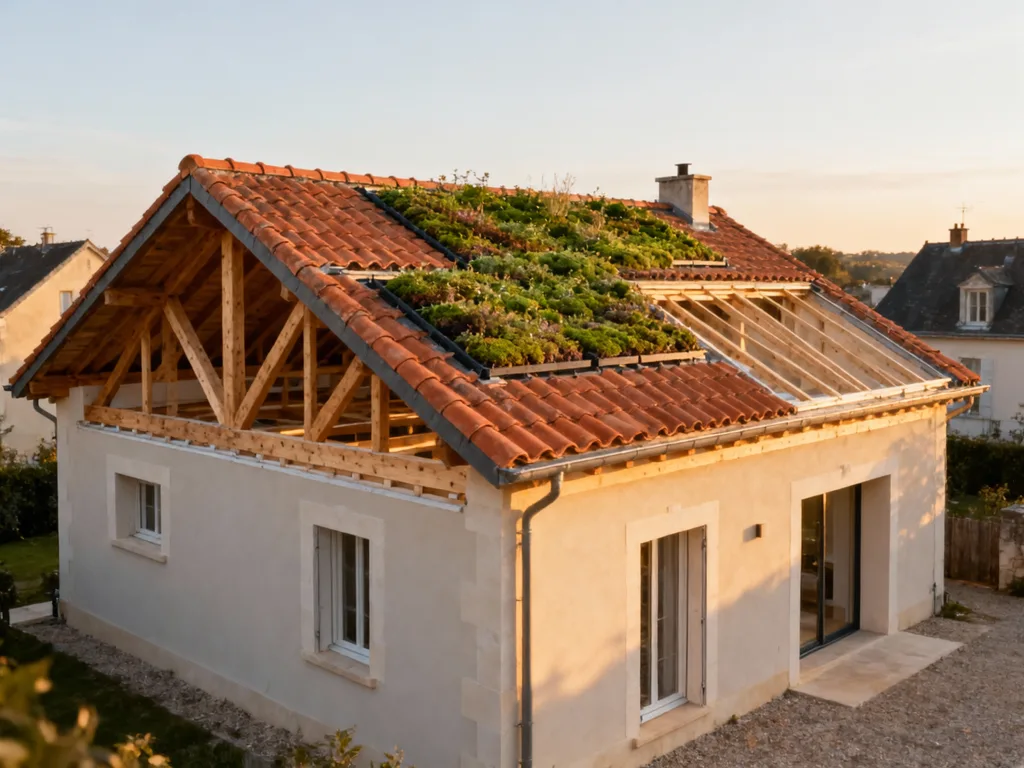 Maison avec toiture rénovée en France, tuile terre cuite sous lumière douce