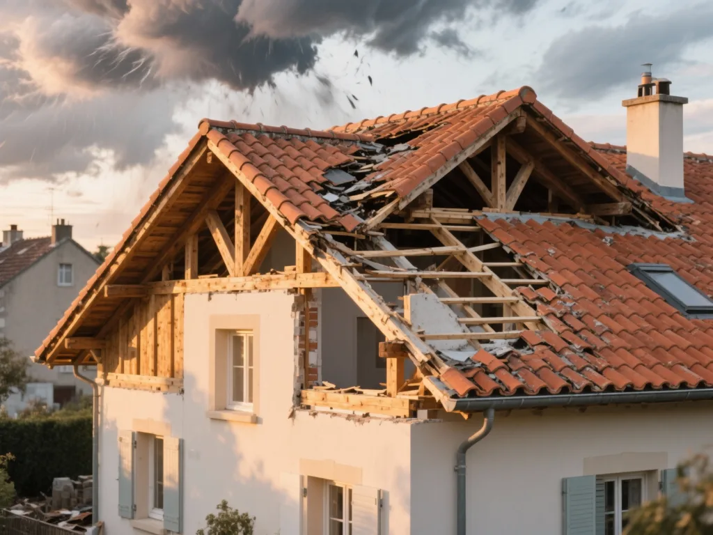 Maison avec toiture rénovée en France, tuile terre cuite sous lumière douce