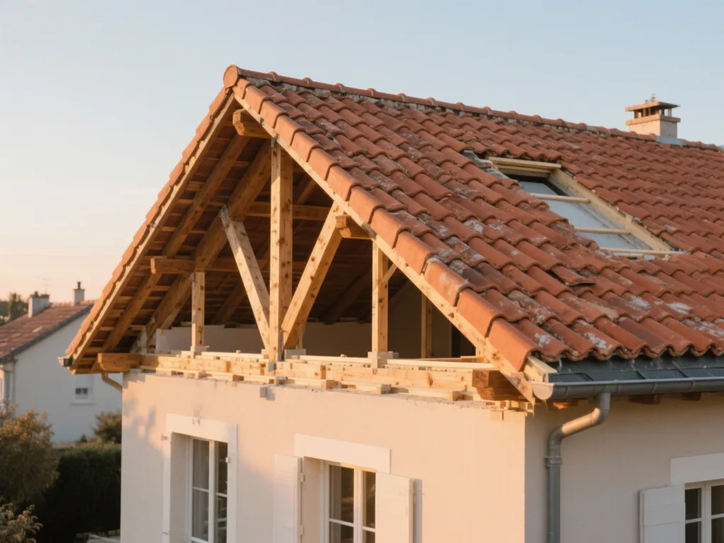 Maison avec toiture rénovée en France, tuile terre cuite sous lumière douce