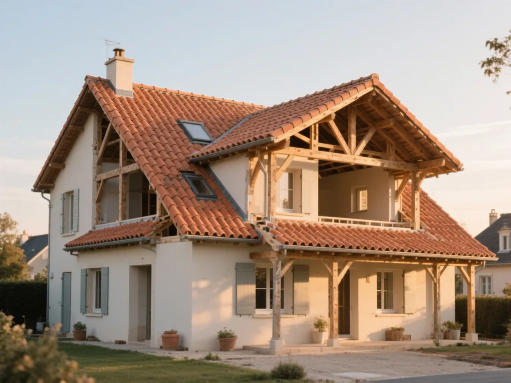 Maison avec toiture rénovée en France, tuile terre cuite sous lumière douce