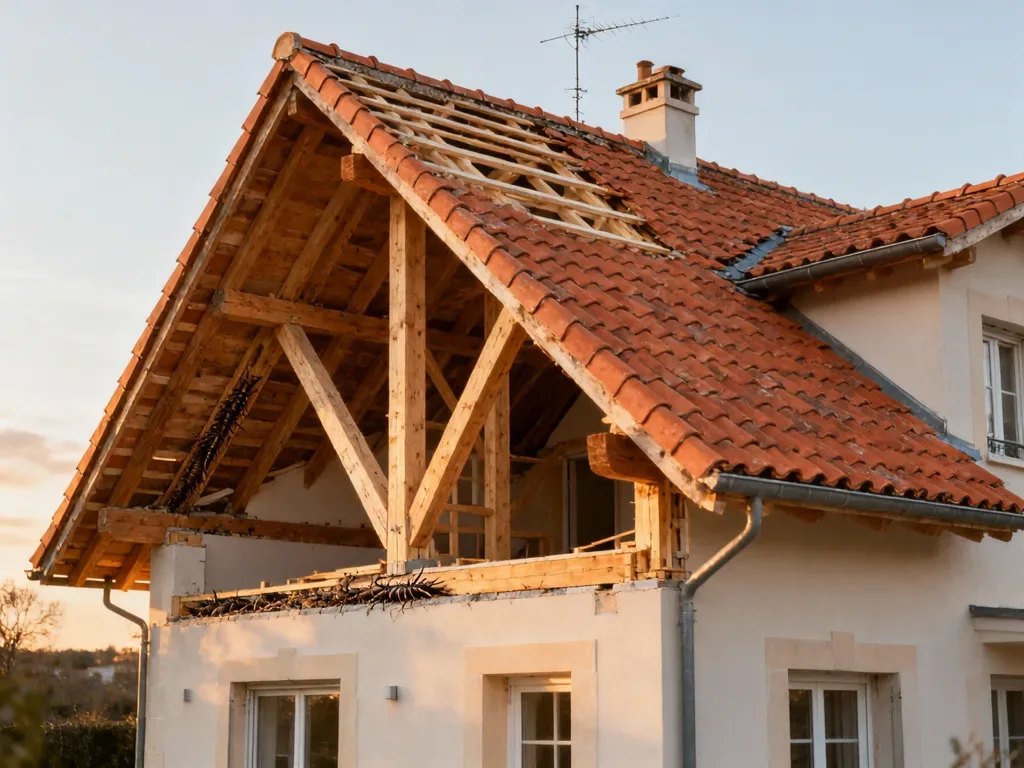 Maison avec toiture rénovée en France, tuile terre cuite sous lumière douce