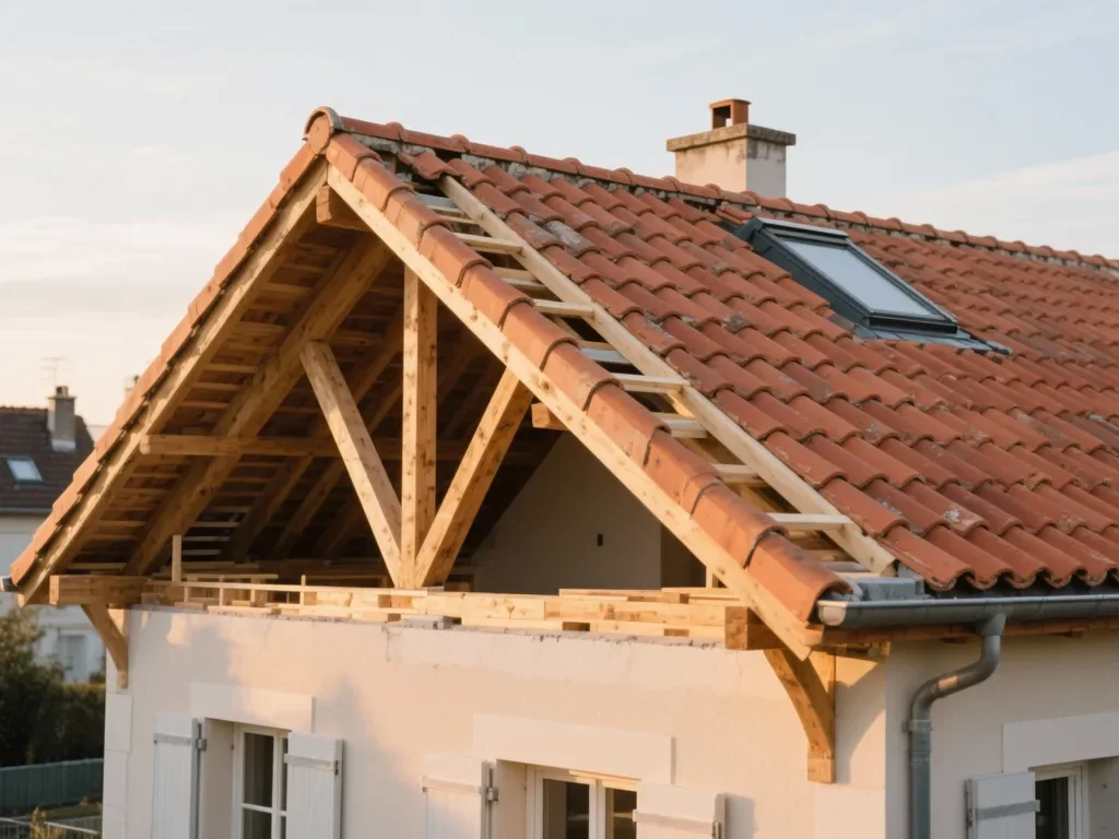 Maison avec toiture rénovée en France, tuile terre cuite sous lumière douce